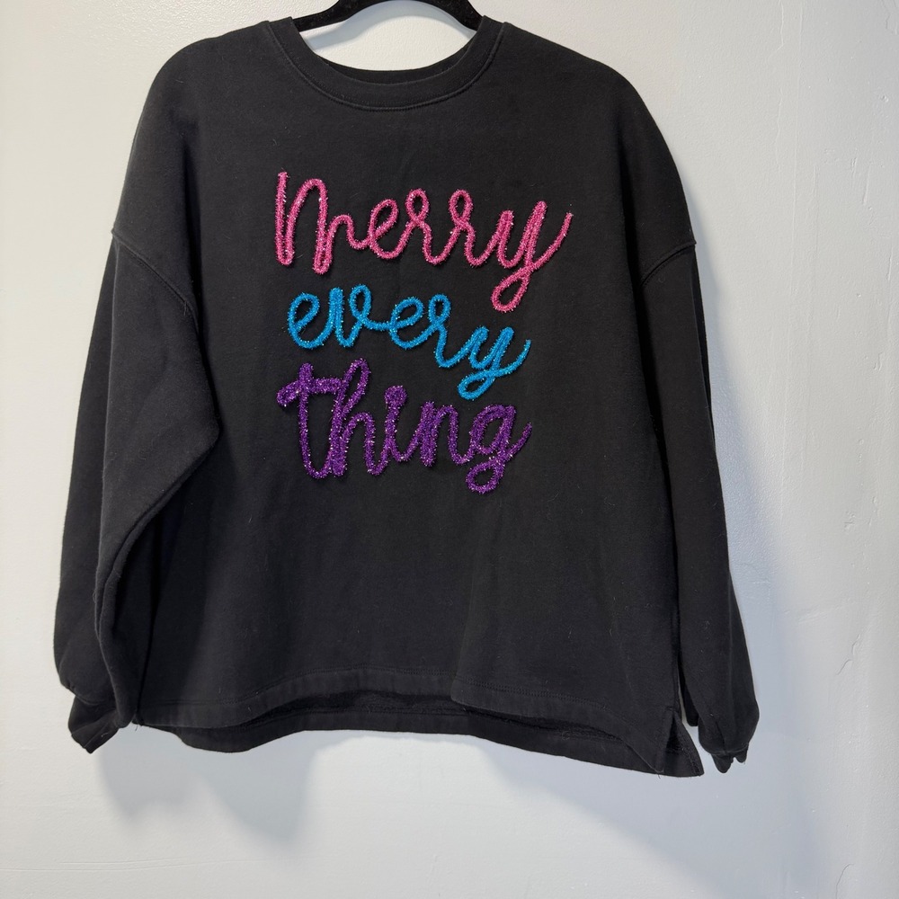 State of Mine Merry Every Thing Black‎ Glitter Chenille Sweatshirt Womens Large